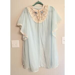 Vintage Gilead Blue Sheer Peignoir Set Nightgown & Robe M Medium Embroidered